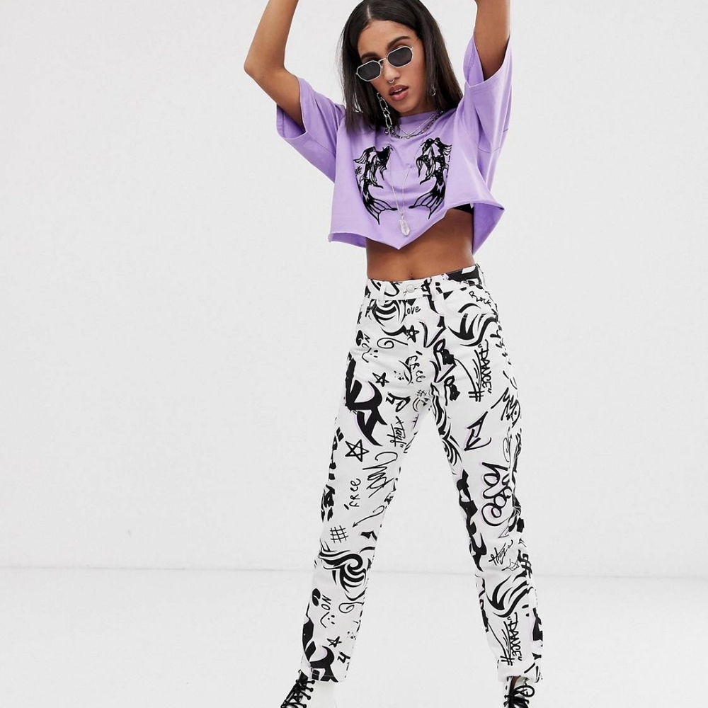 Reclaimed Vintage High Rise Graffiti Jeans White Black Lilac - Picture 2 of 11